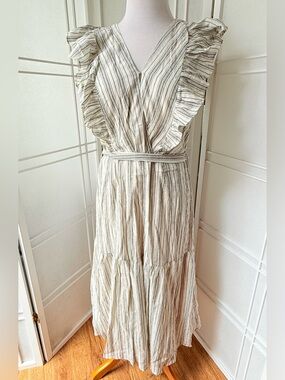 Striped Ruffle V-Neck Maxi Dress - ligth gray stripes